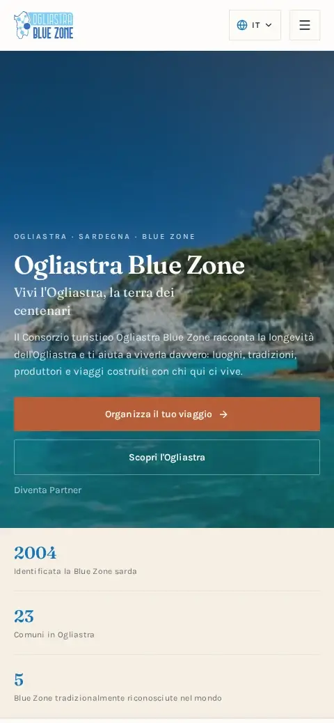 Schermata mobile del sito Ogliastra Blue Zone